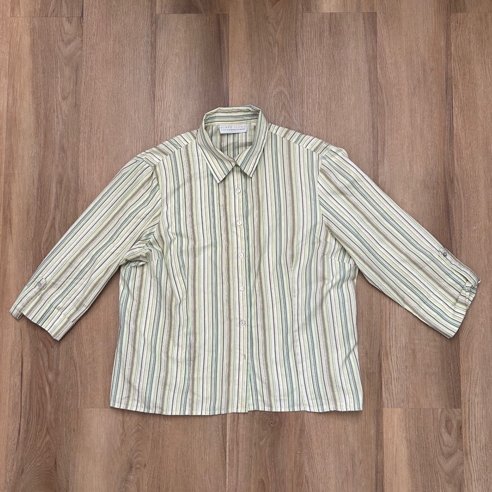 Vintage Striped Button Down Shirt Green Gold 3/4 Sleeve officesiren preppy‎